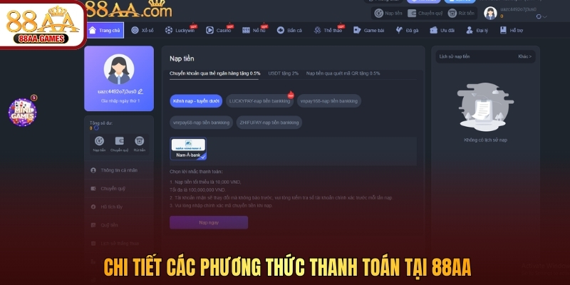 Chi tiết các phương thức thanh toán tại 88AA
